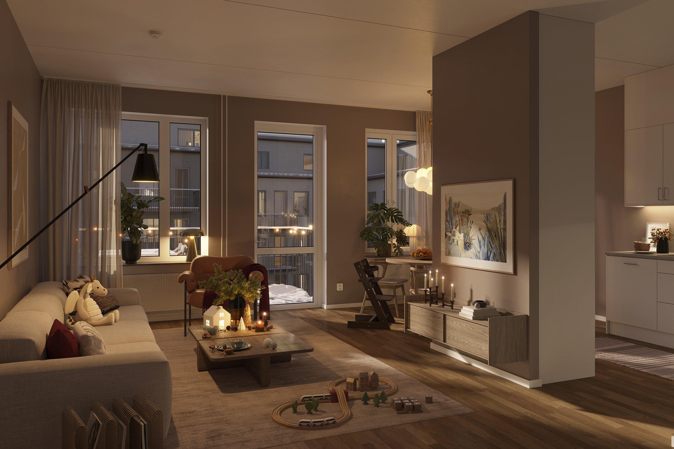 I Kungsliljan bygger vi nyproducerade lägenheter centralt beläget i populära Järvastaden. Ett modernt och barnvänligt kvarter intill skolor, förskolor och Mulle Meck lekpark (visionsbild).