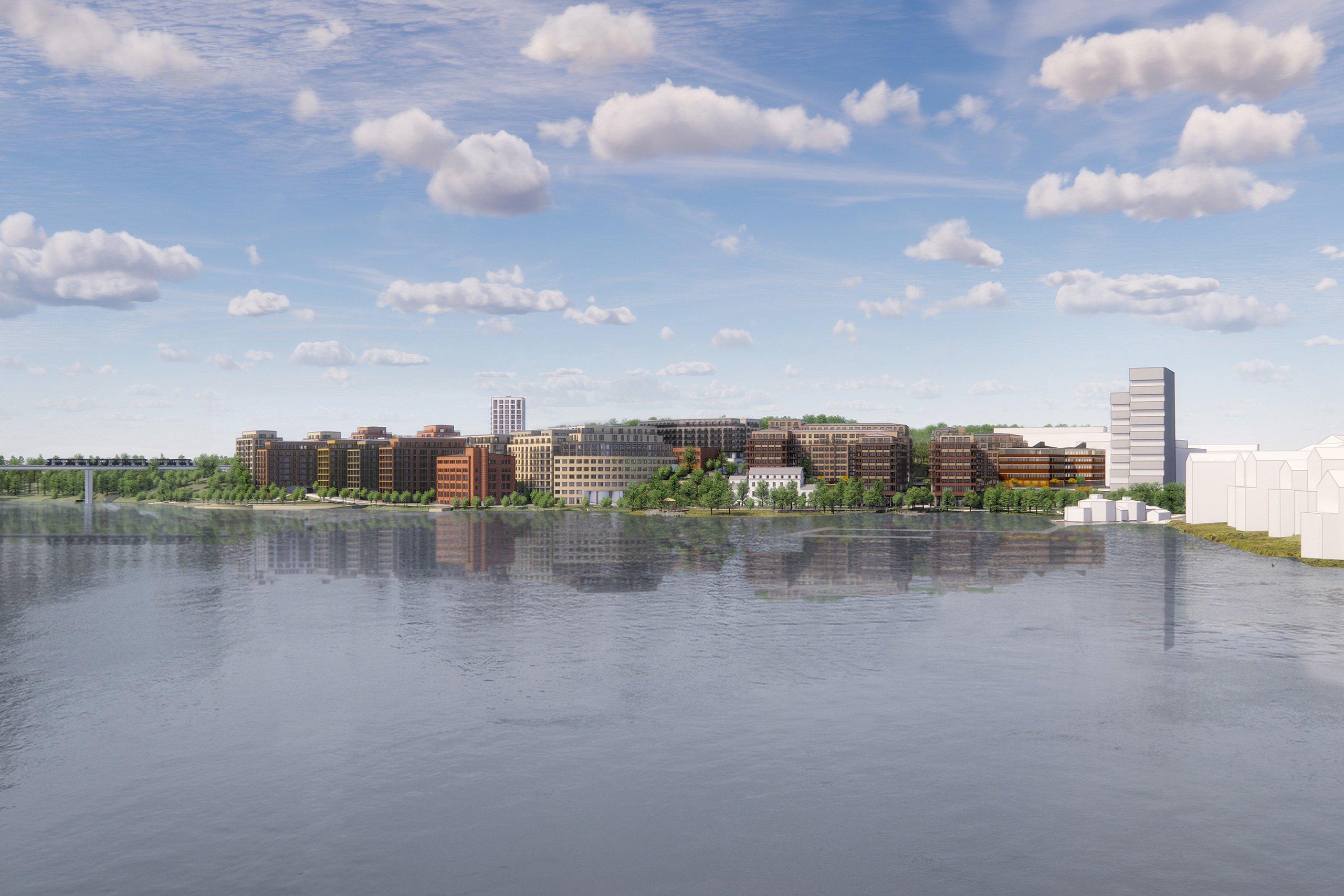 Vy över Alviks strand där de gamla industrikvarteren kommer att samsas med nyproducerade bostadskvarter vid vattnet (visionsbild).