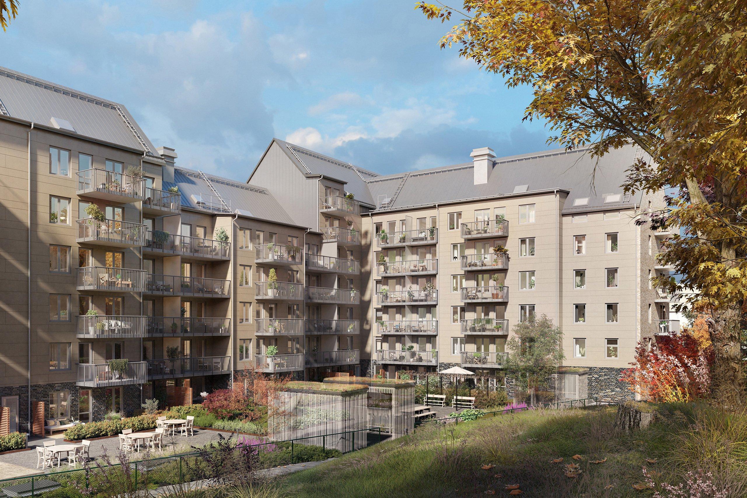 Älvsjö Entré ligger 800 meter från kommunikationer och shopping. Här bor du precis vid Kämpetorpsskolan och 250 meter från Solbergaskogen (visionsbild).