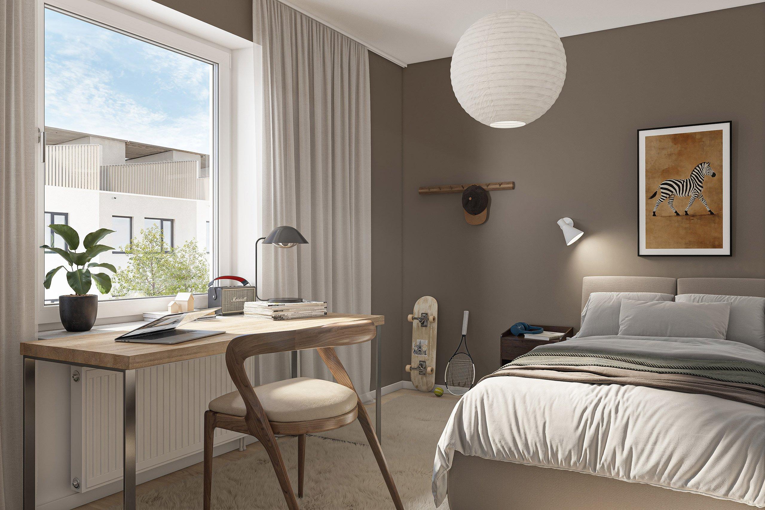 Sovrum med dubbelsäng och skrivbord framför fönstret.