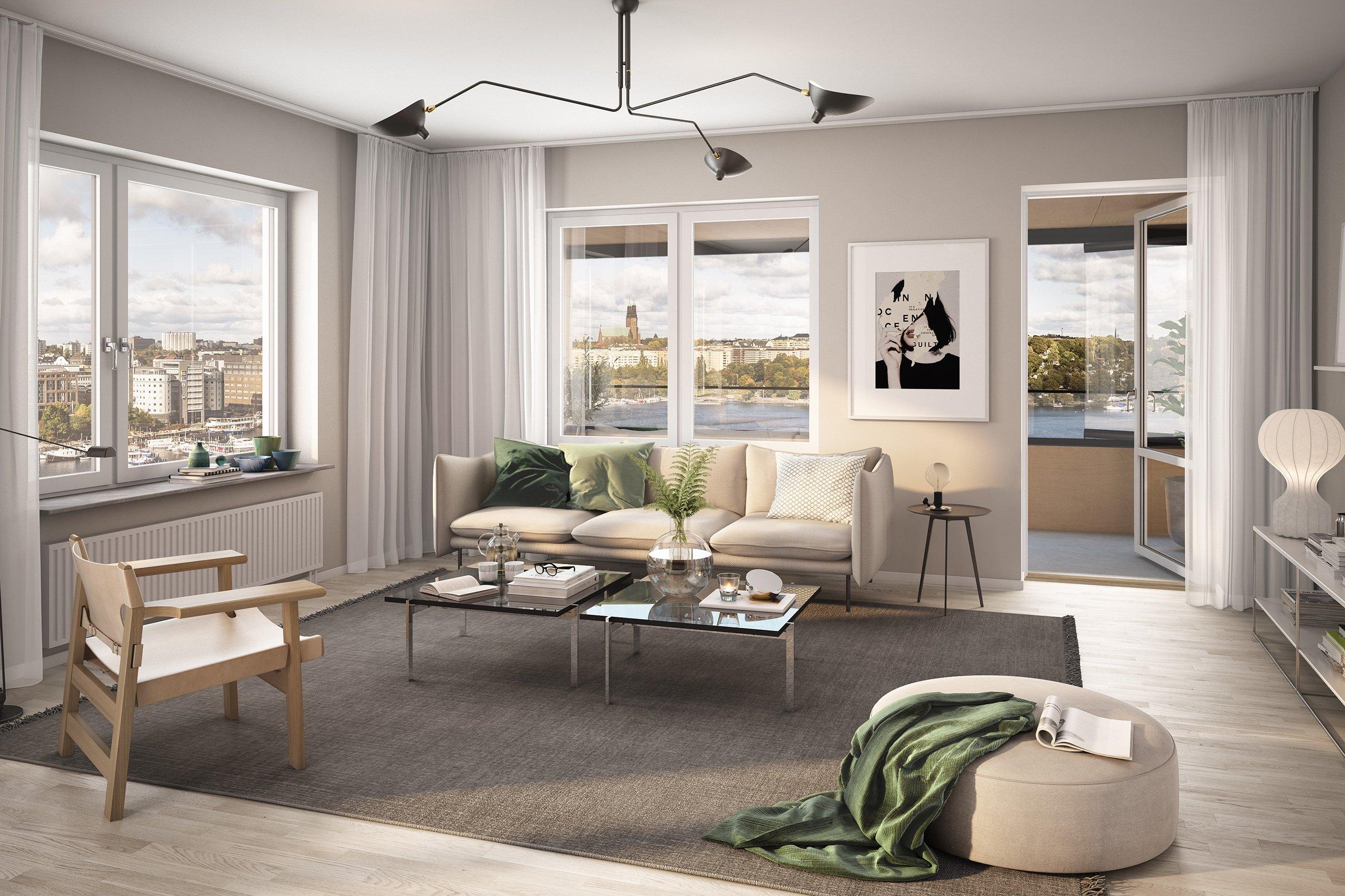 Vardagsrum med soffgrupp, målade väggar, trestavig parkett och utgång till balkong mot Årstaviken.