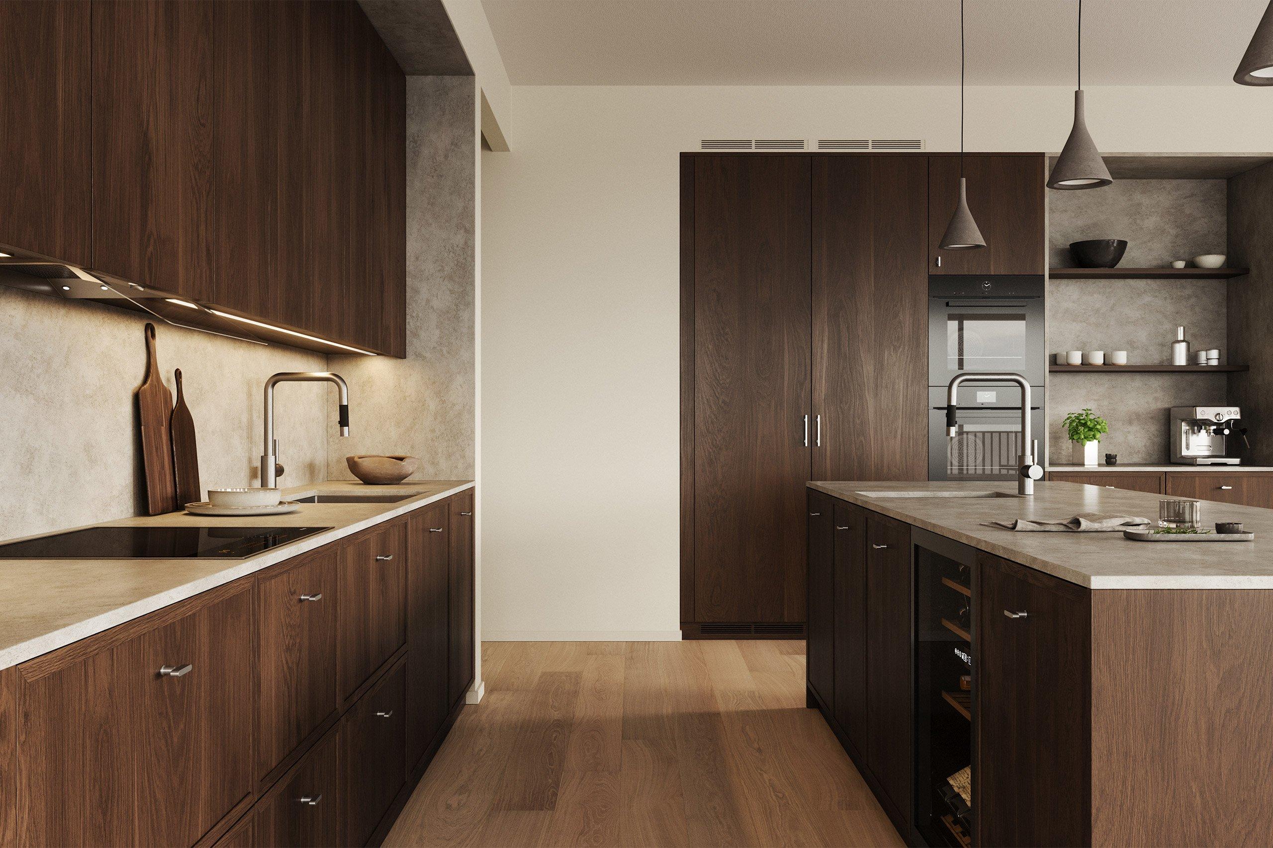 Kök i mörkt trä köksö och bänkskivor av Dekton. 