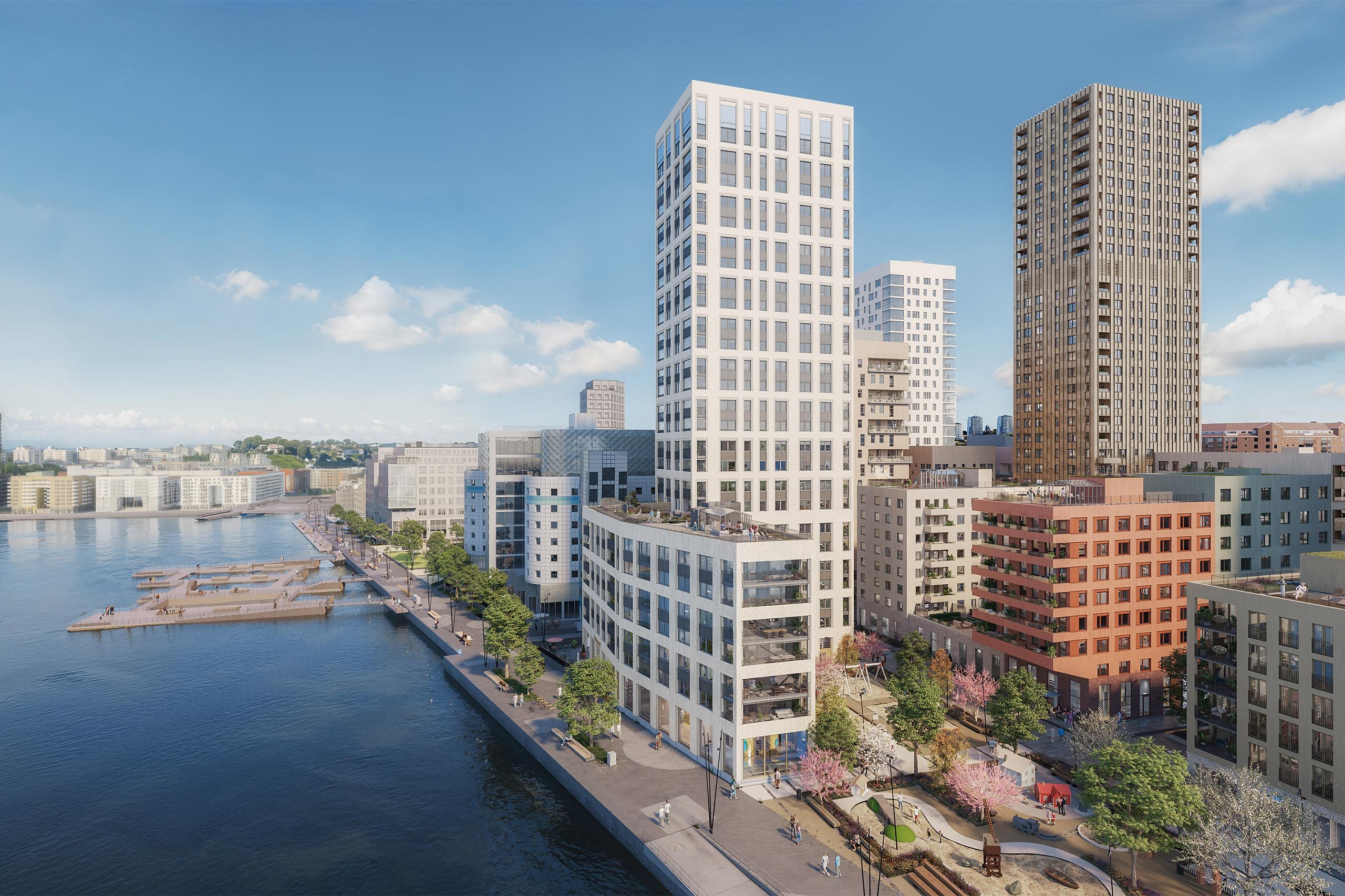 Kvarter och badbryggor intill vattnet vid Marieviks Udde.