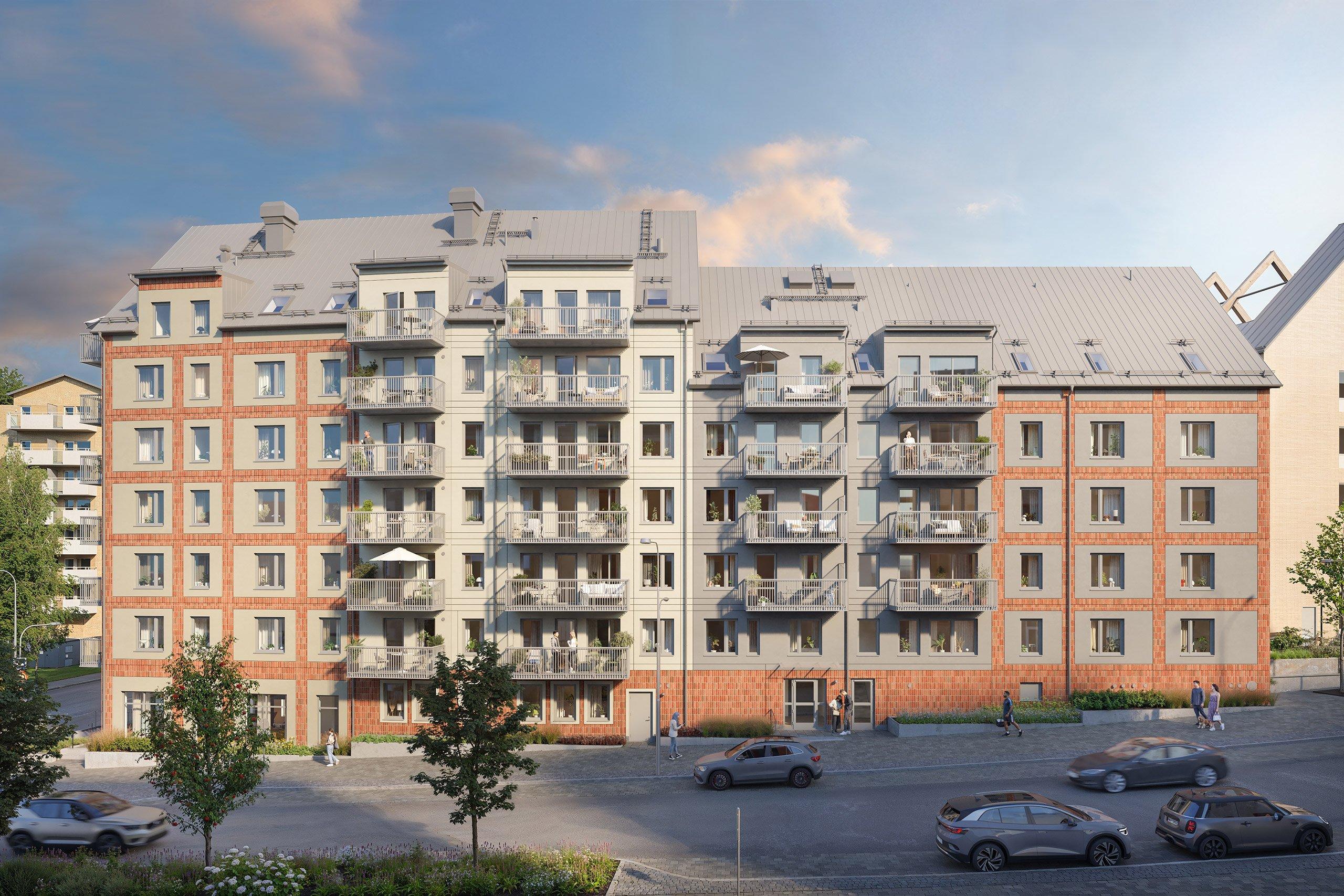 Hus med fasader i olika färger.