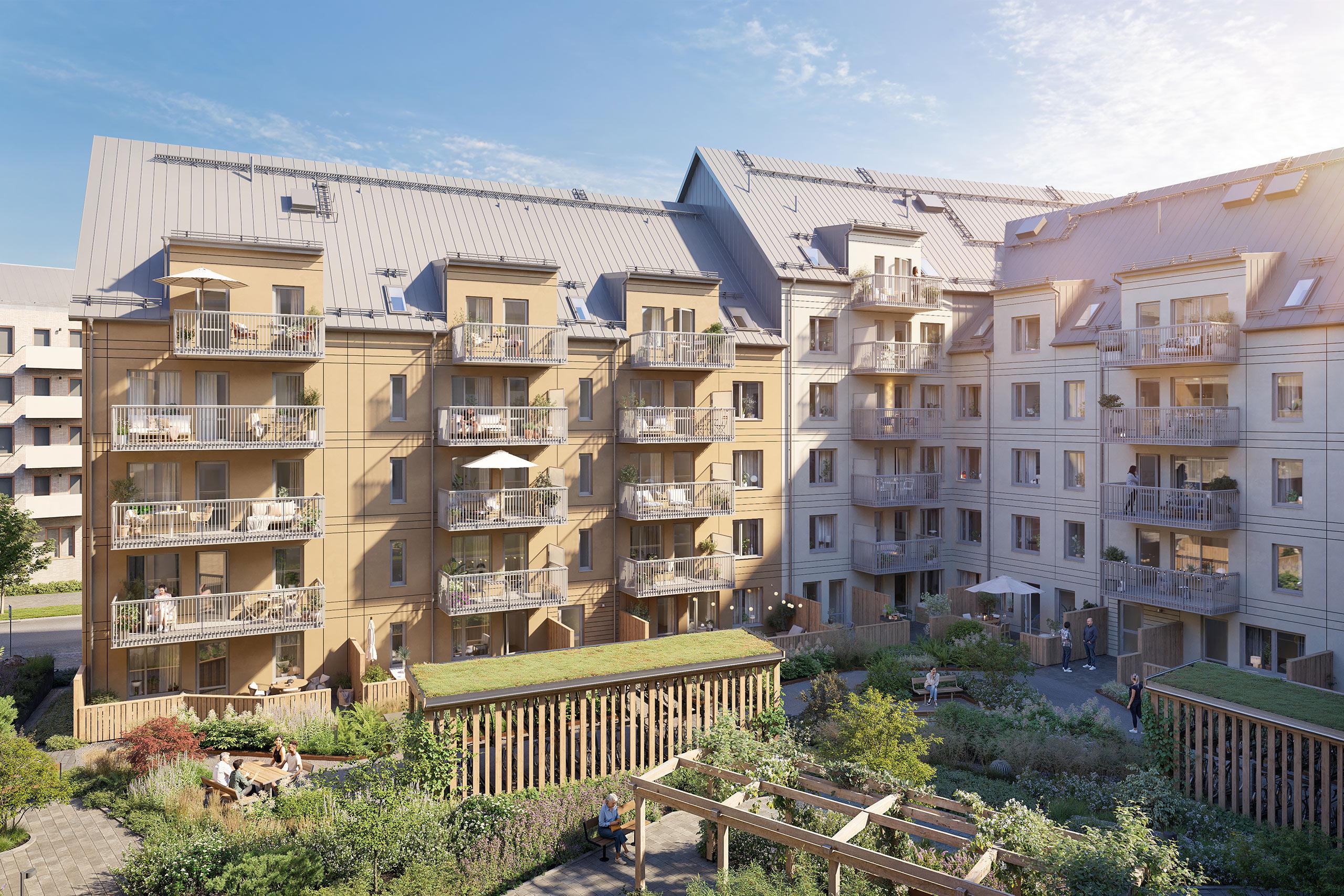 Lummig innergård med planteringar.