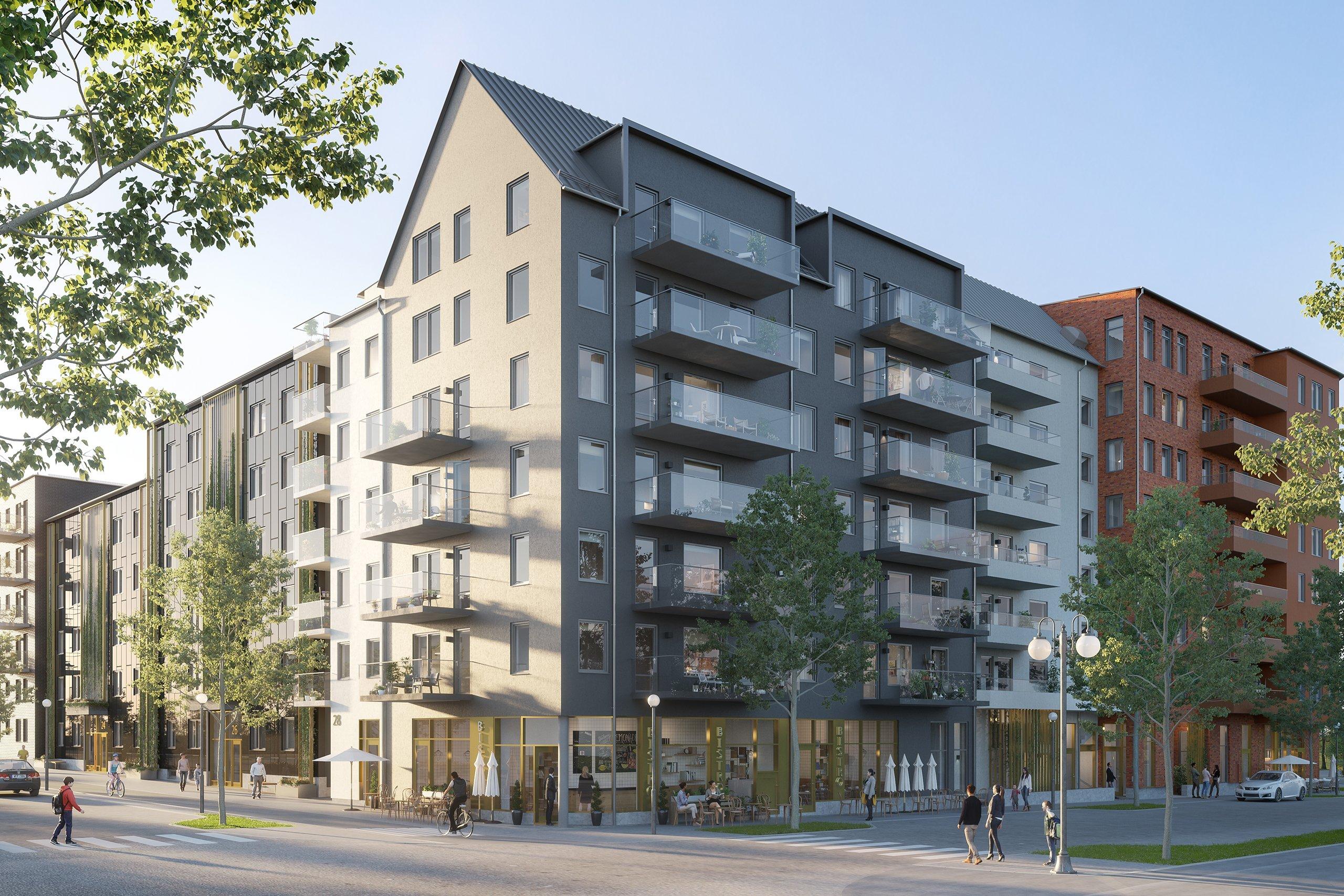 Modernt bostadskvarter i grått med café på hörnet och människor som flanerar utanför.