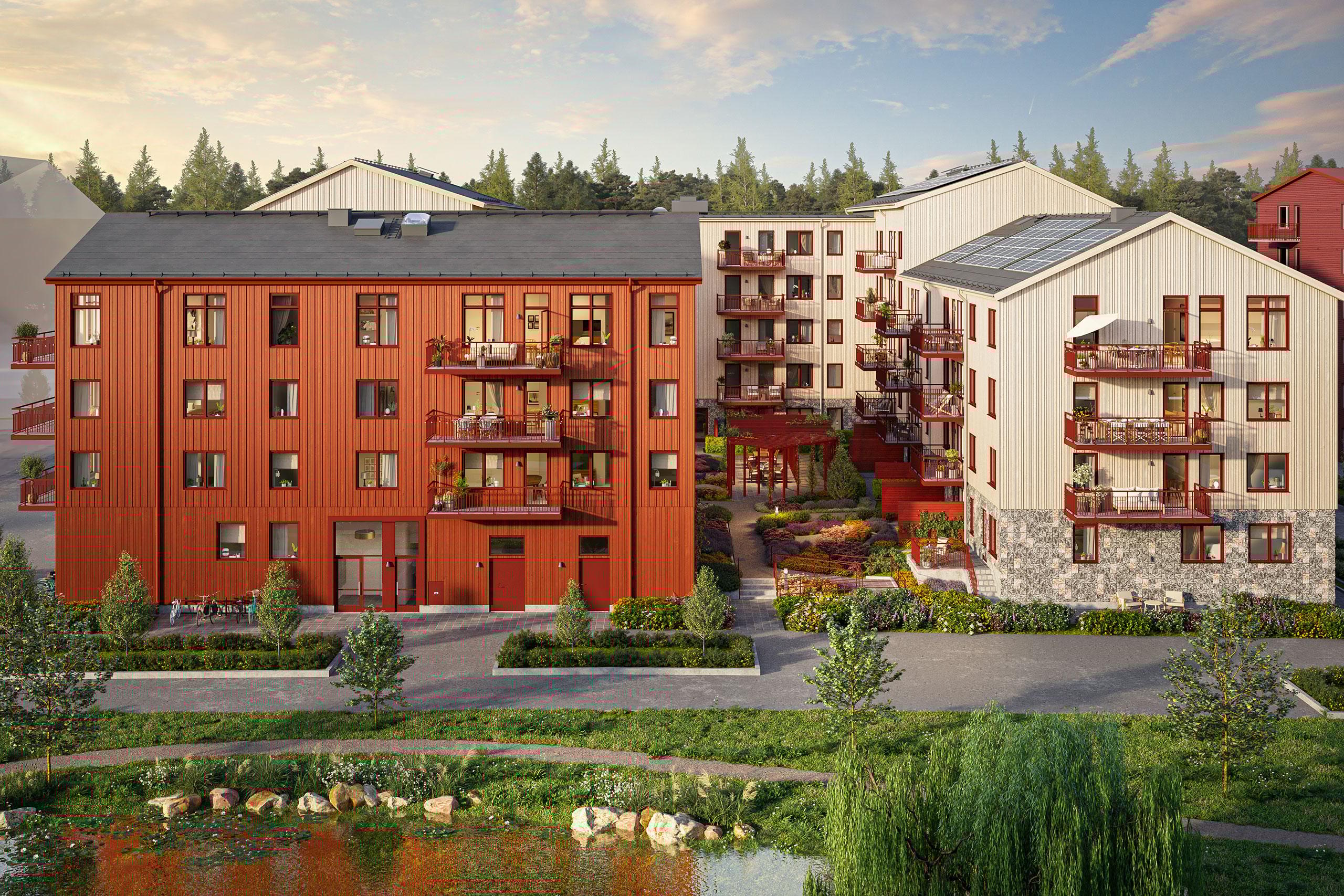 Dagvattenstråket ligger precis utanför porten i kommande Bonica med röd och beigevit träfasad.