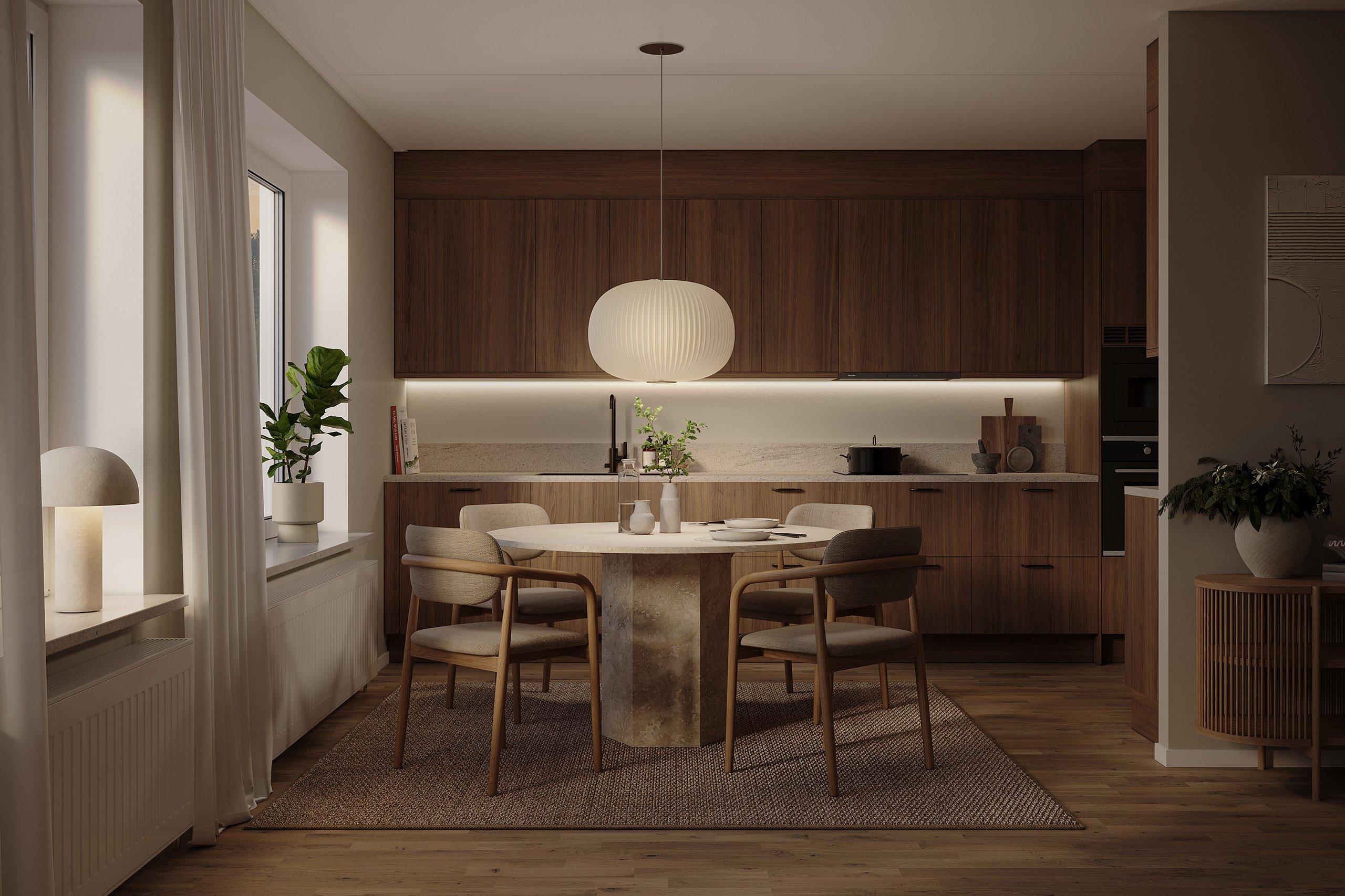 Kök med mörkare träkänsla på luckorna.