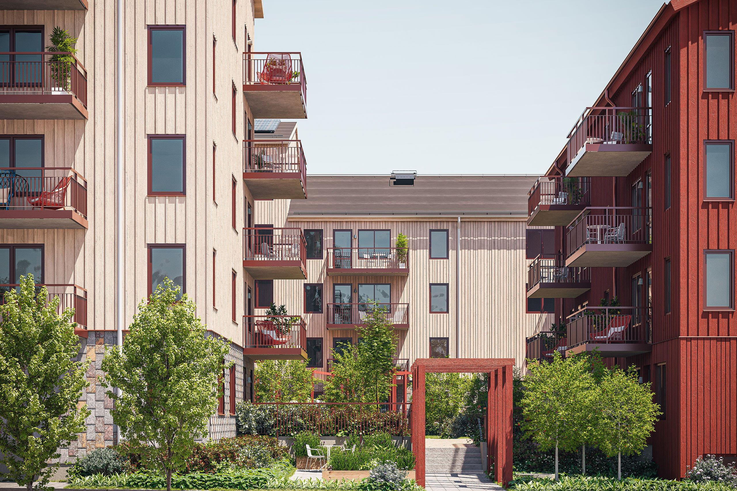 Tidig skiss från arkitekten av kvarteret Bonica med portik mot innergården. Visionsbild.