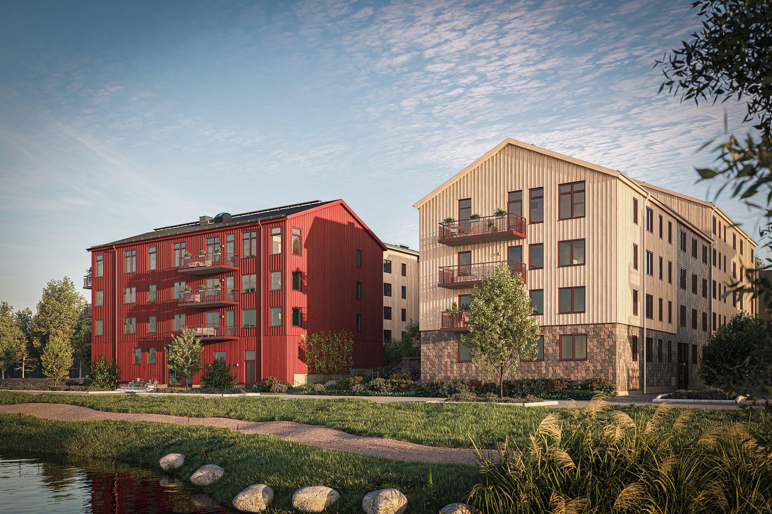 Tidig skiss från arkitekten av kvarteret Bonica. Vy mot dagvattenstråket. Visionsbild.