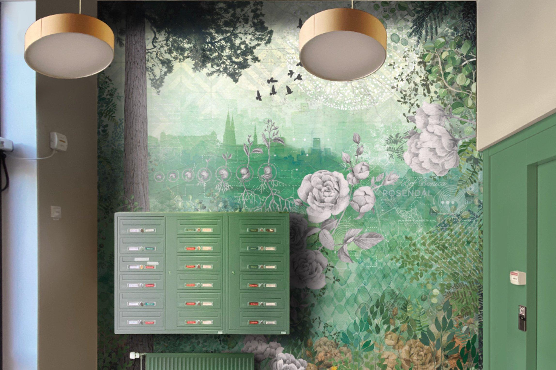 Väggbild av konstnären Magdalena Lundkvist som kommer pryda trapphusen i Bonica.