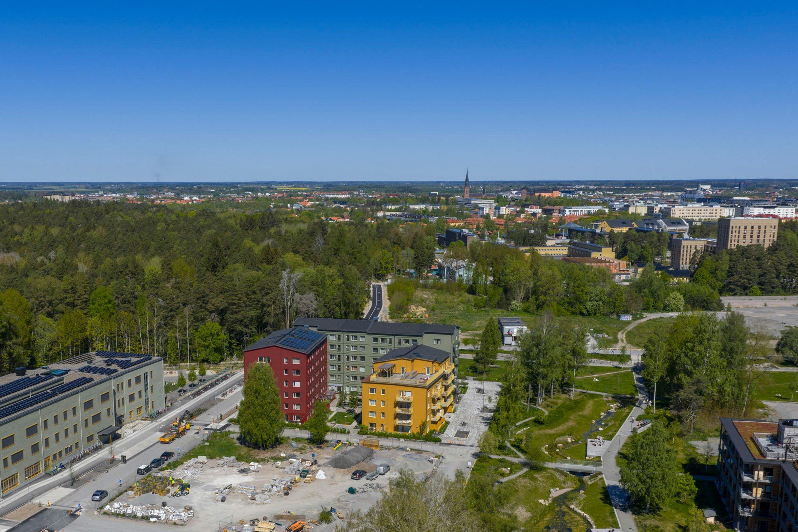 Utsikt från Rosendal in mot centrala Uppsala med Domkyrkan och Slottet.