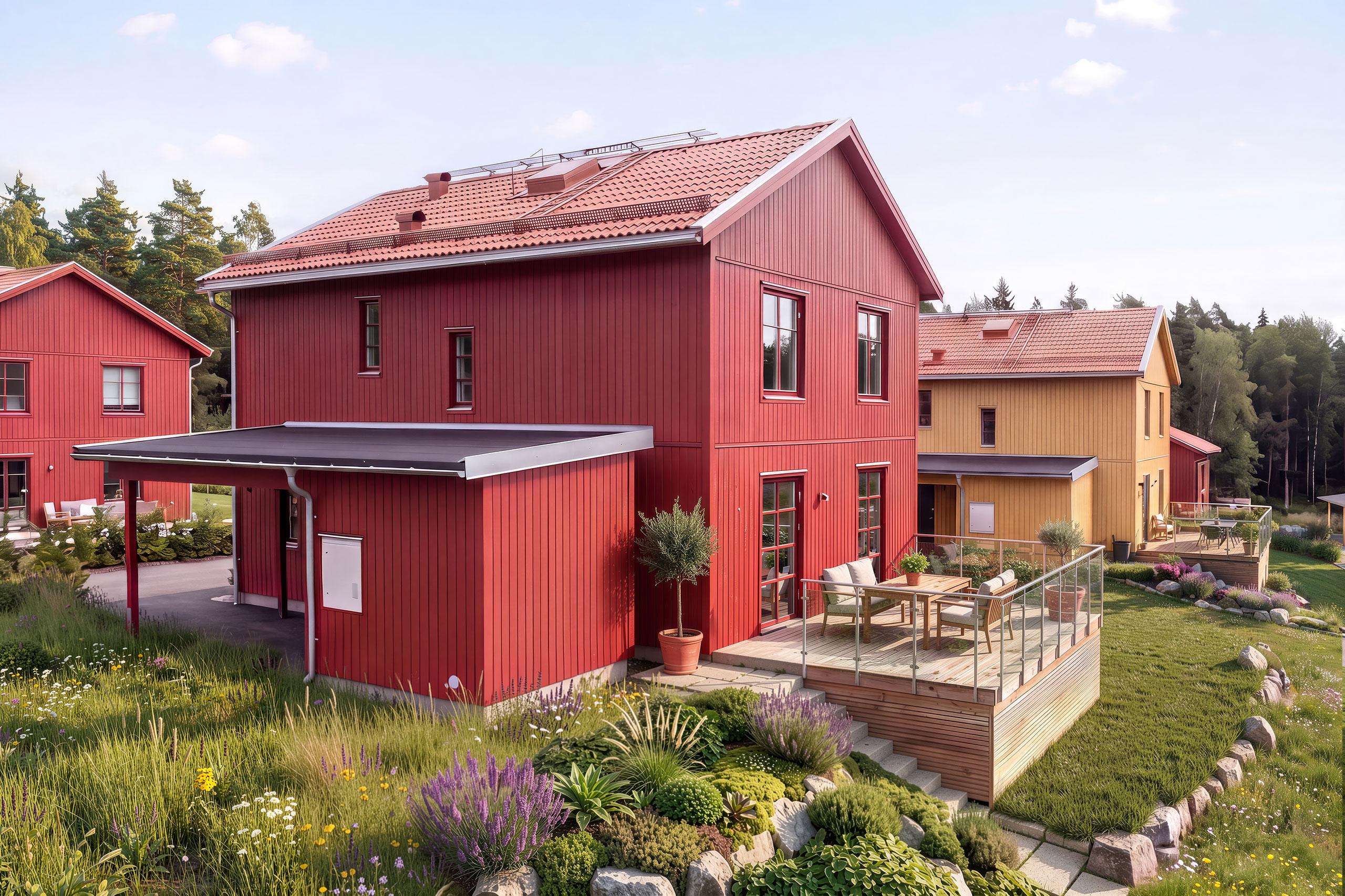 Några av villorna får upphöjda terrasser med glasräcke och kvällssol. Foto där trädgård och omgivning runt huset är ett montage och framtagen med hjälp av AI. Observera att foto/bild är en visualisering och att avvikelser kan förekomma.
