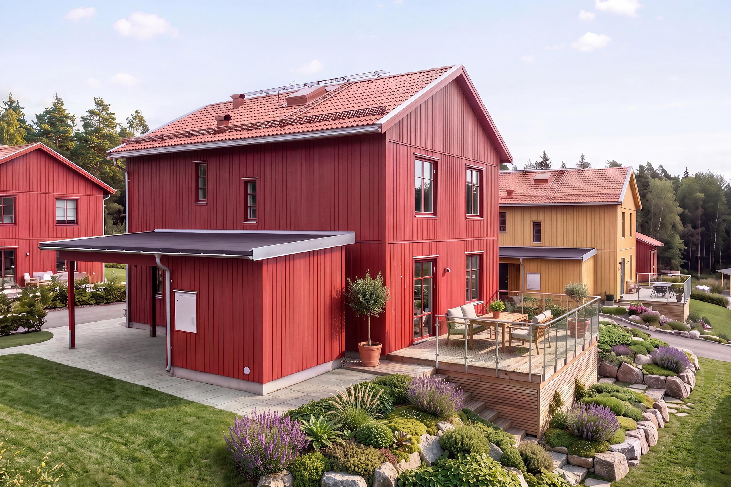 Några av villorna får upphöjda terrasser med glasräcke och kvällssol (foto där trädgården är ett montage och framtagen med hjälp av AI).
