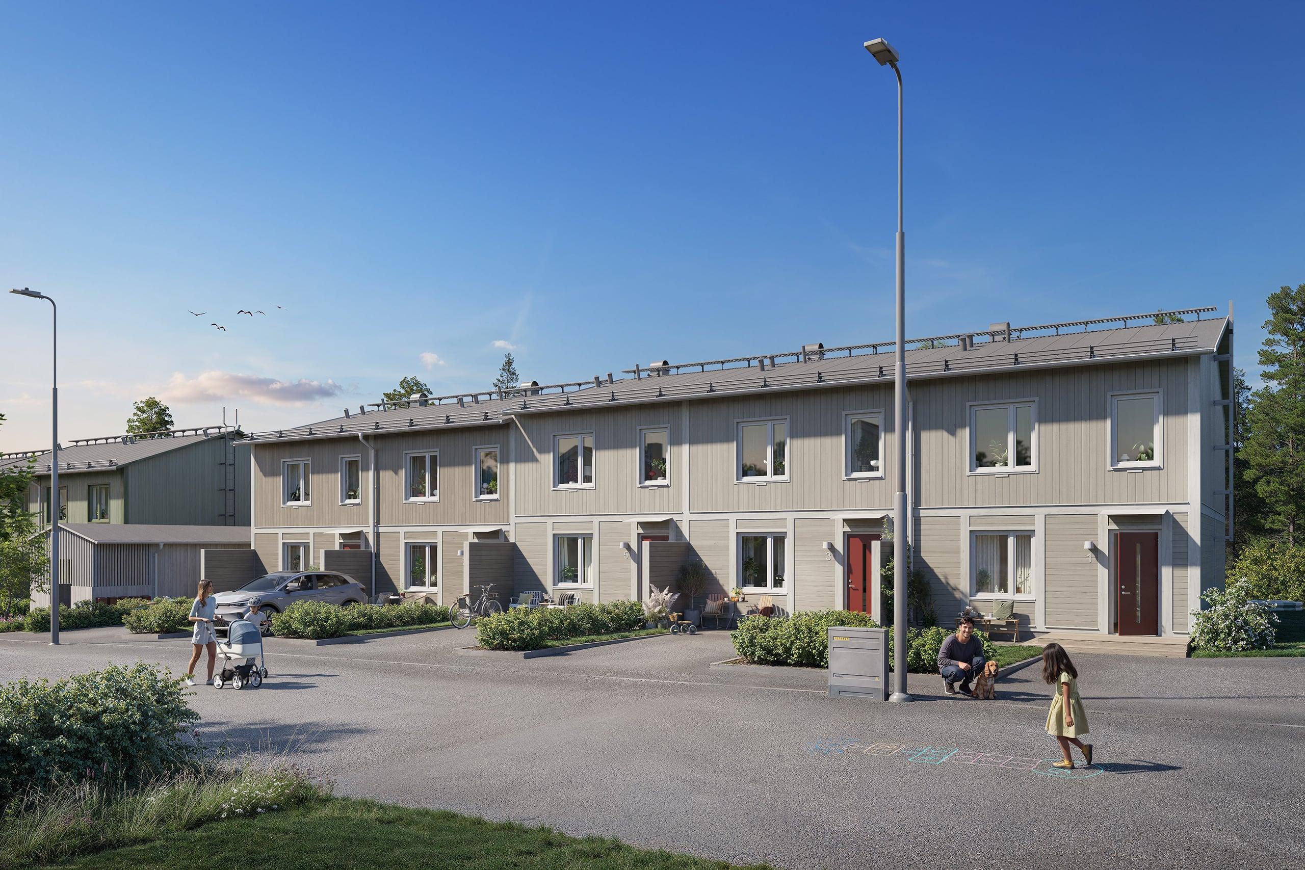 Ett nytt bostadsområde växer fram med nyproducerade radhus i kommande Skölsta glänta (visionsbild)