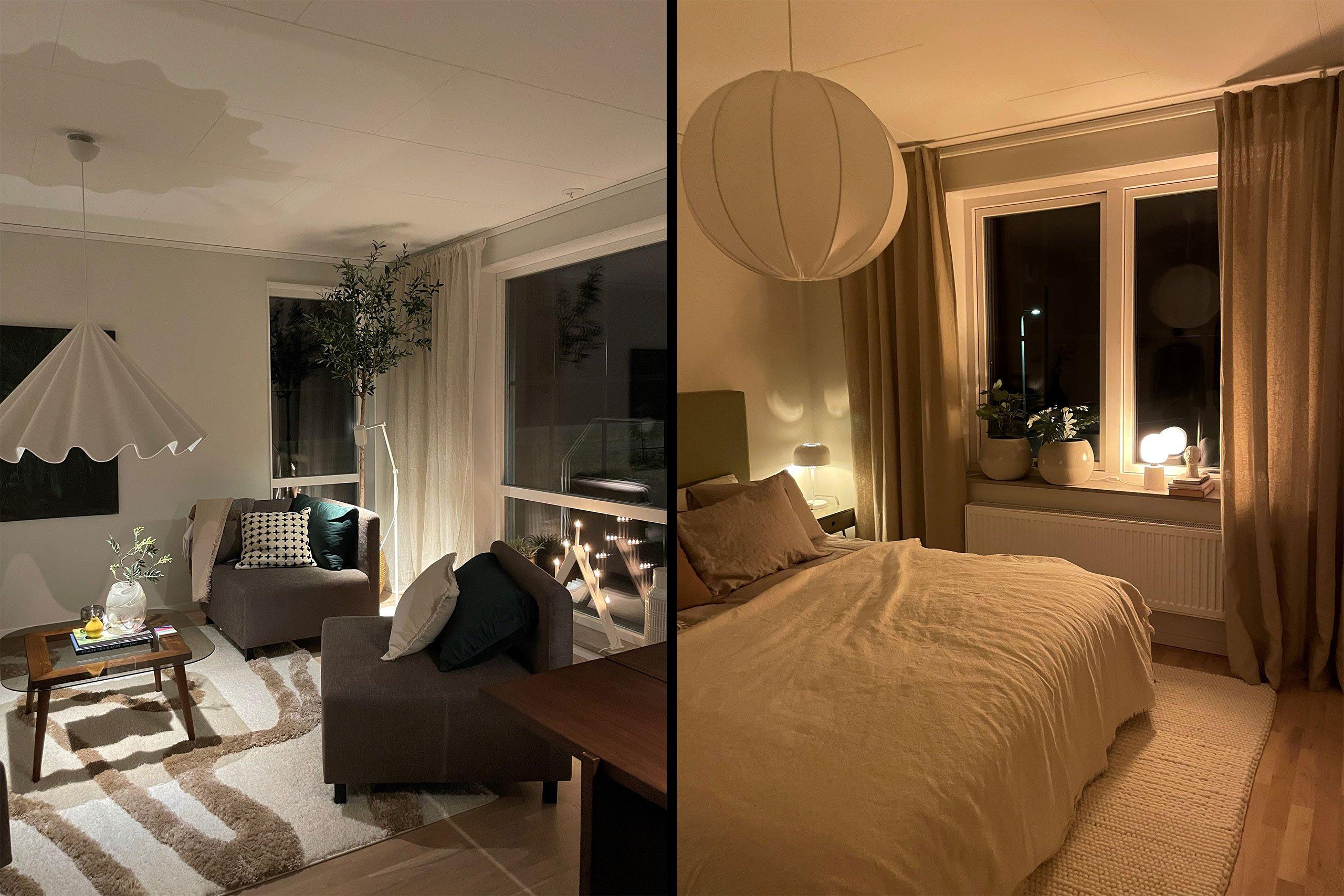 Collage med bilder som ger inspiration om belysning i vardagsrum och belysning i sovrum.