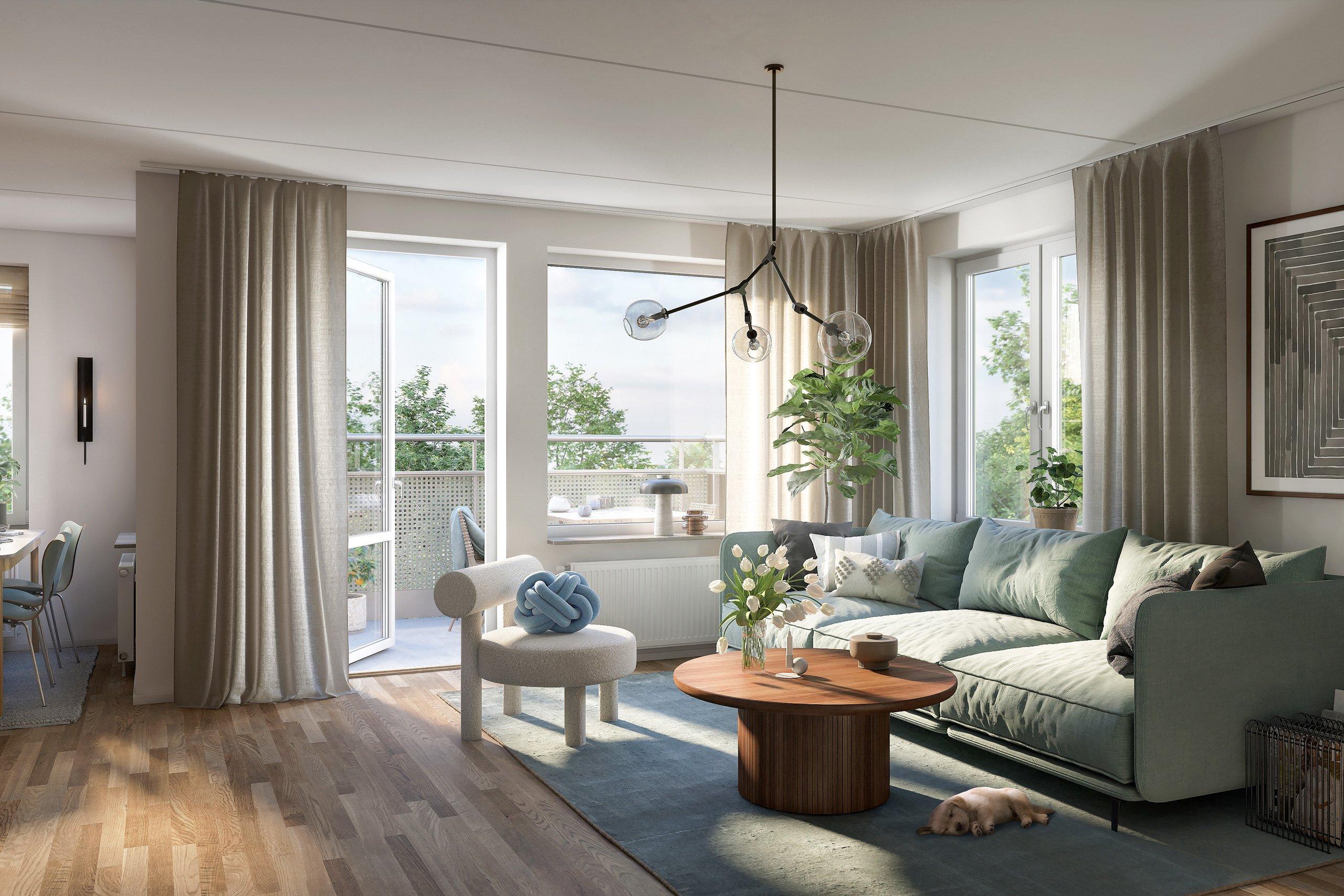 Visionsbild av vardagsrum i ljusa färger med soffa, soffbord och nätt fåtölj.