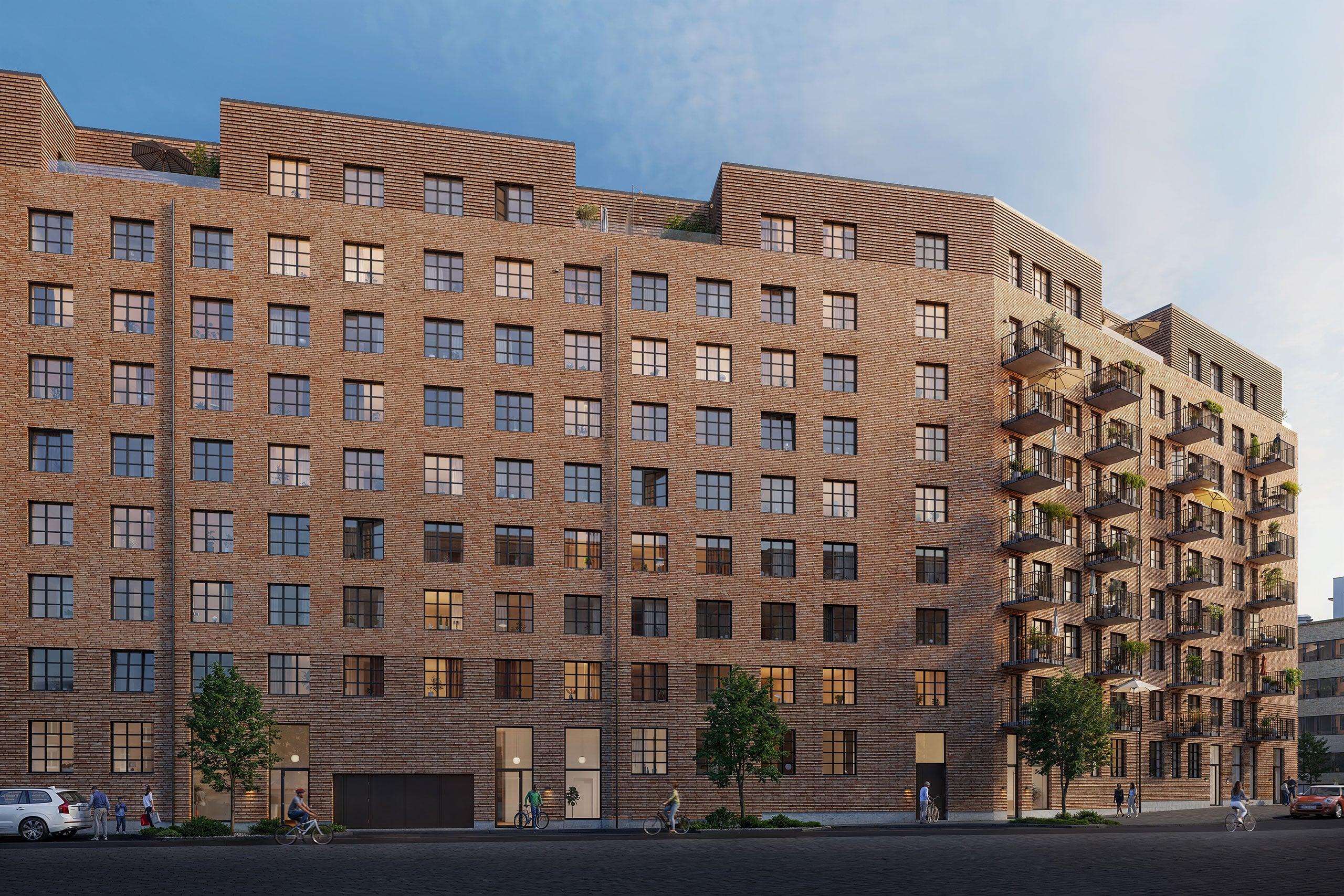 en genomtänkta fasaden i Väveriet lyfter områdets industriella arv med en modern twist. 