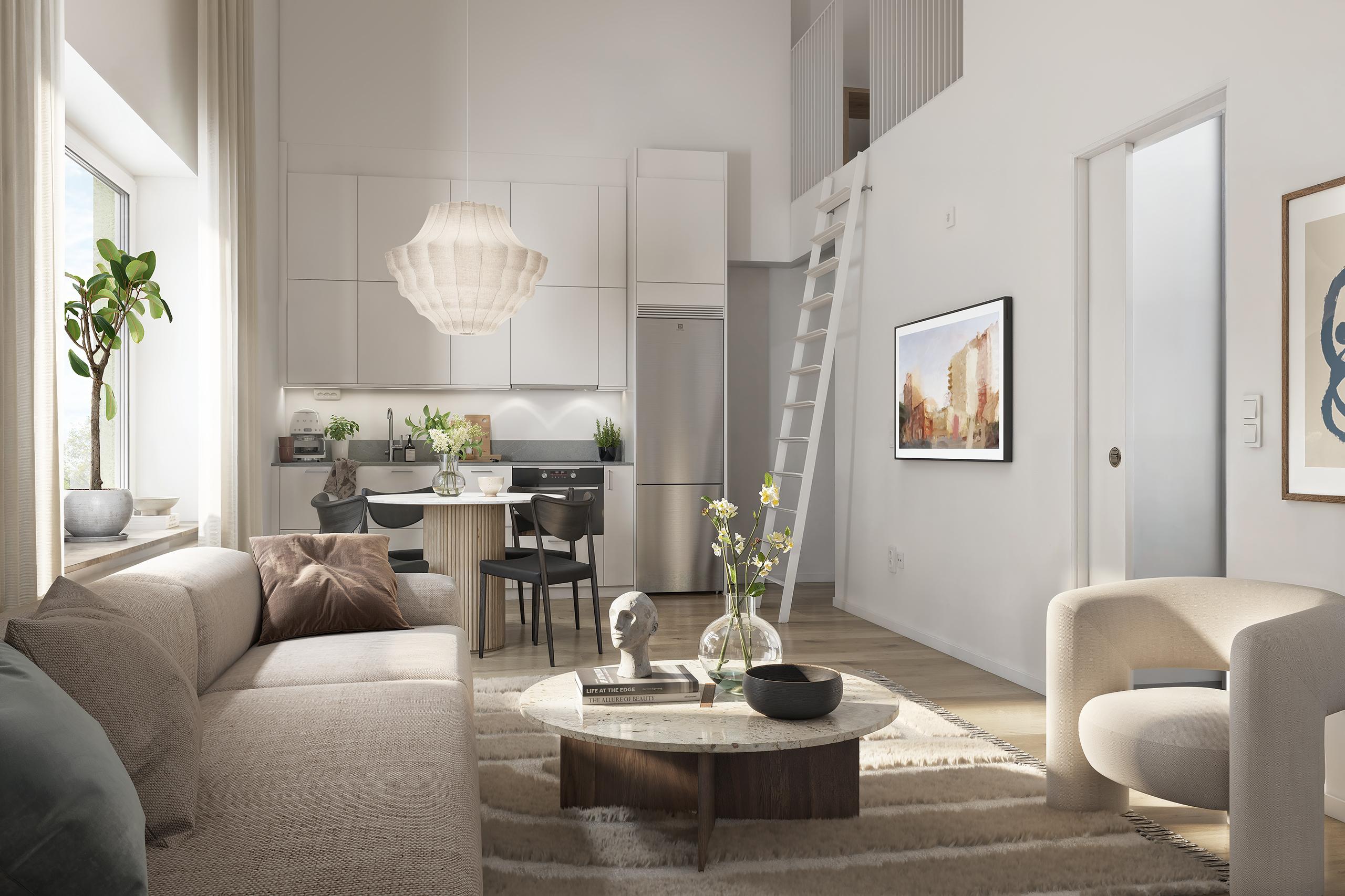 Smart och genomtänkt planering. En del av bostäderna kommer att få ett loft. Visionsbild bostad med loft.