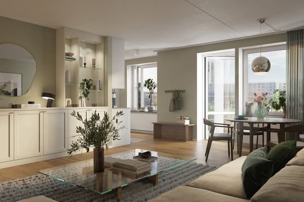 Vattentornet Östra består av ljusa, moderna bostäder med öppen planlösning som skapar rymd och utrymme för umgänge (visionsbild).