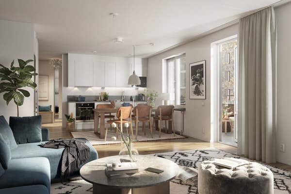 Visionsbild av ett vardagsrum och kök i öppen planlösning i Mälarvyn. Visionsbild visar inte exakt planlösning av vald lägenhet.
