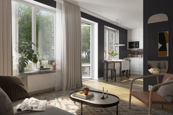 Bostäderna har fina materialval, smarta planlösningar och gott om förvaring (visionsbild).