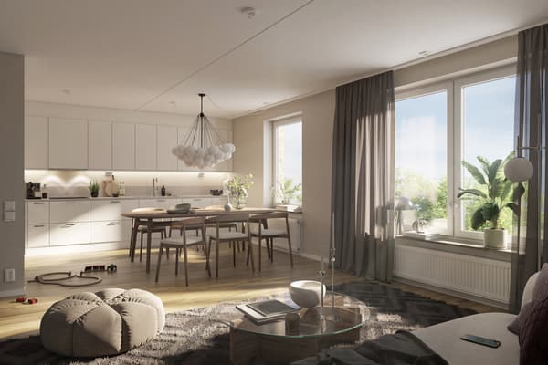 Köket är rymligt och här finns energisnåla vitvaror i rostfritt, induktionshäll, varmluftsugn och mikro. Diskmaskin är helintegrerad för att smälta in i inredningen (visionsbild).