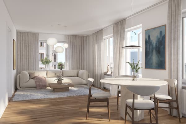 I vardagsrummet finns gott om plats för såväl fredagsmys som middag för större sällskap.