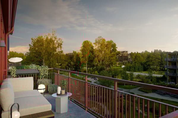 Visionsbilden visar utsikten från en av de tre unika bostäder som ligger på översta våningen ut mot vattenstråket i Bonica..