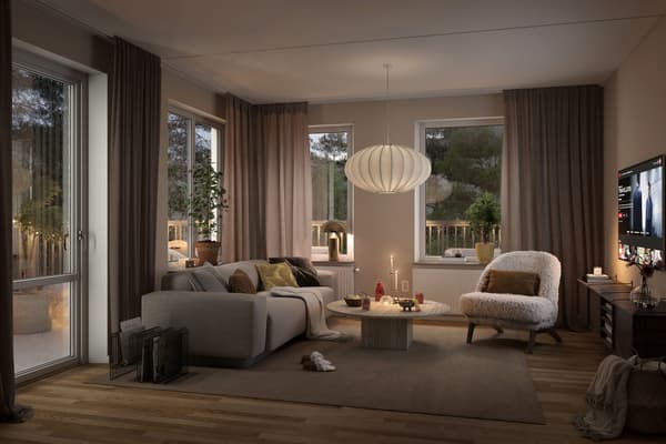 Det mysiga vardagsrummet bjuder in till avkoppling och samvaro. Generösa fönster och öppna sociala ytor ger härligt ljusinsläpp och rymd (visionsbild).