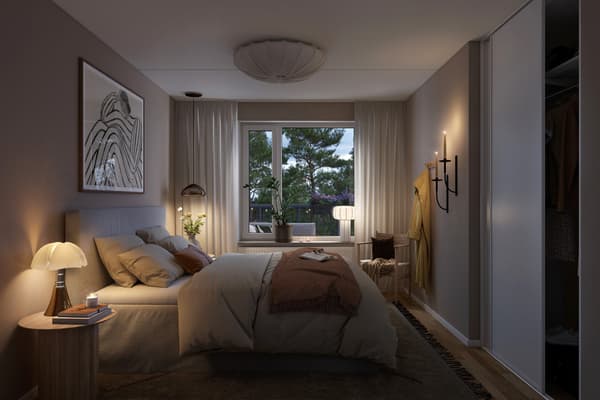 Bostaden har vilsamt sovrum för god sömn och återhämtning (visionsbild).