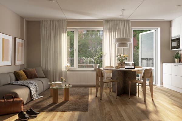 Vardagsrum med öppna ytor som bjuder in till samvaro (visionsbild).