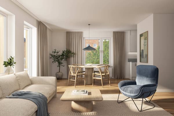 Här bjuds på ett fint öppet samband mellan kök och vardagsrum (visionsbild).