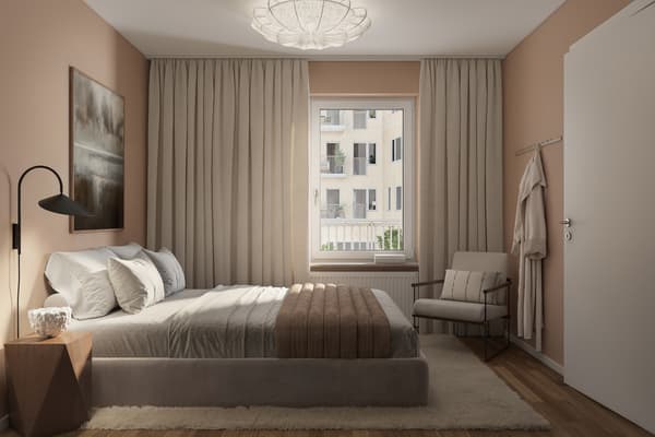 Bostaden har vilsamma sovrum för god sömn och återhämtning (visionsbild).