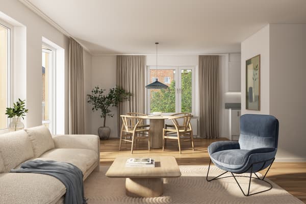 är bjuds på ett fint öppet samband mellan kök och vardagsrum (visionsbild).