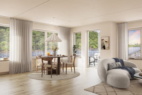 Inredningen i Kvarnholmens Brygga karaktäriseras av det vattennära och ljusa läget (visionsbild).