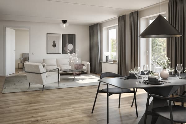 Golv av mattlackad trestavsparkett av ek, vita väggar och fönsterbänkar av natursten skapar en klassisk grund och ger dig möjlighet att sätta din egen prägel på inredningen (visionsbild).