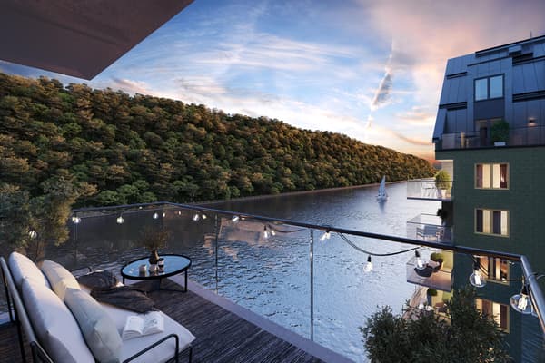 Alla lägenheter får balkong, terrass eller uteplats, varav majoriteten med utsikt över Svindersviken (visionsbild).