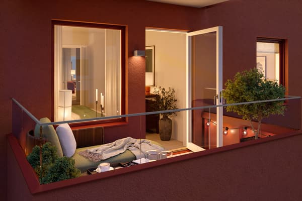 Bostaden har en balkong med plats för umgänge (visionsbild).