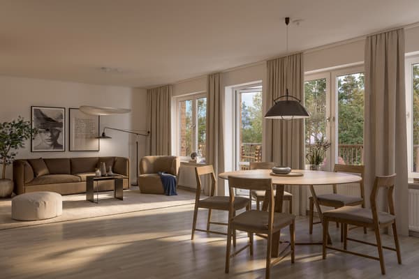 Generösa ljusinsläpp, slitstarkt ekparkettgolv och smarta planlösningar kännetecknar lägenheterna i Vide (visionsbild).