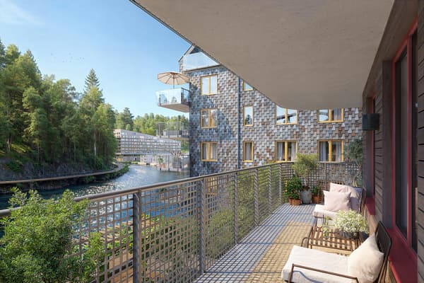 Alla bostäder har balkong, uteplats eller terrass – varav flertalet bjuder på strålande utsikt över Svindersviken (visionsbild från kvarteret, avvikelser kan förekomma).
