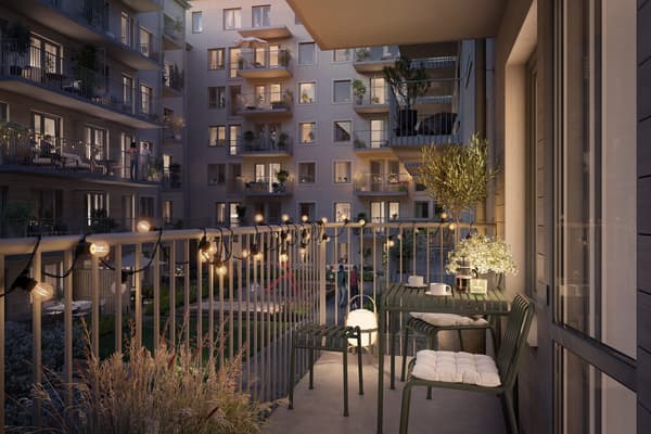 Majoriteten av alla bostäder har en till två balkonger eller uteplatser med plats för rekreation (visionsbild).