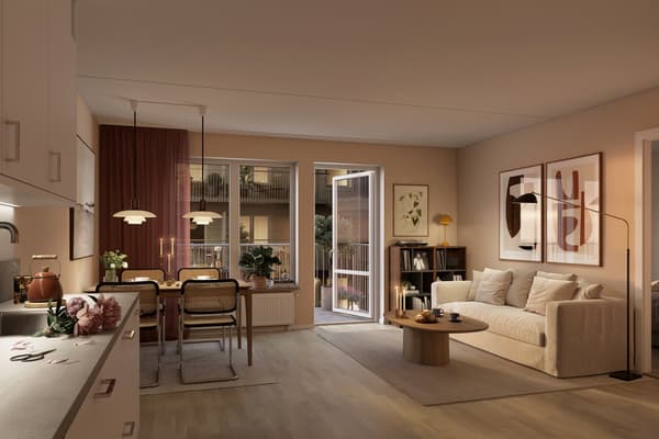 Fint samband mellan kök och vardagsrum (visionsbild)