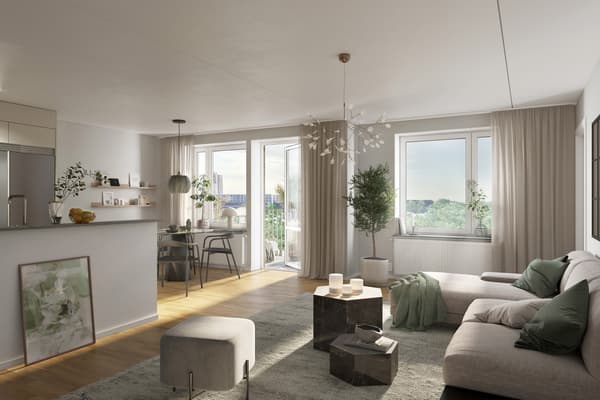 Vattentornet Södra består av ljusa, moderna och yteffektiva bostäder med öppen planlösning (visionsbild).