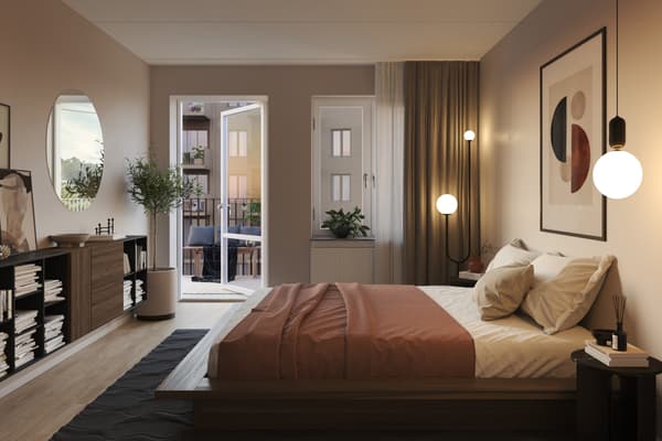 Bostaden har vilsamma/ett vilsamt sovrum för god sömn och återhämtning.