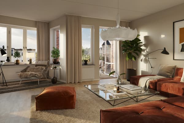 I vardagsrummet finns gott om plats för såväl fredagsmys som släktkalas (visionsbild).