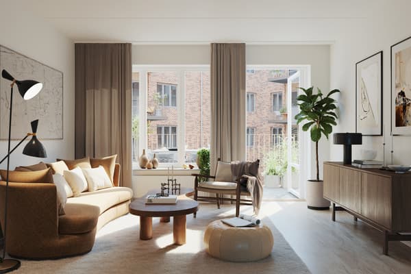 Här bjuds på ett fint öppet samband mellan kök och vardagsrum.