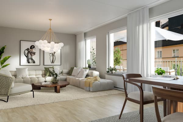 I vardagsrummet finns gott om plats när släkt och familj kommer (visionsbild).