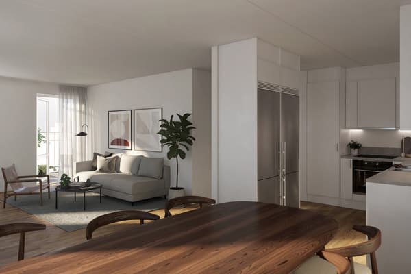 Välplanerade och yteffektiva bostäder med moderna materialval (visionsbild).