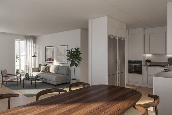 Lägenheterna är yteffektiva med smarta lösningar (visionsbild).